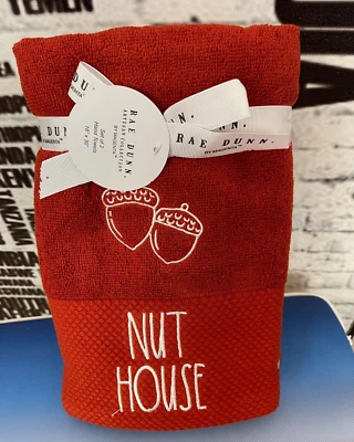 Rae Dunn 2 Pk  Embroidered Burnt Orange Acorn Nut House Graphic Hand Towels - Image 1 of 3