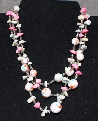 Vintage 60s Firmato Japan 3 Filo Argento Bianco Rosa Arte Vetro 17 " Collana - Immagine 1 di 4