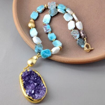 Collar colgante de piedras preciosas reales Larimar amatista druzy diseñador con cuentas Foto 1 de 4