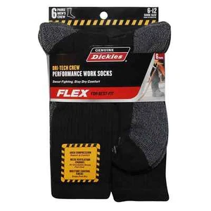 6 Pack Genuine Dickies Mens Dritech Crew Socks Moisture Control Black Size 6-12 - Picture 1 of 3