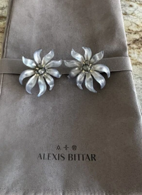 100% Authentic Alexis Bittar Large Midnight Blue Lucite/ Crystal Flower Earrings - Image 1 of 4