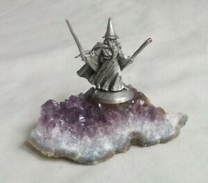 Vintage Ral Partha Pewter Wizard Figurine - sword & staff- Amethyst Crystal Base