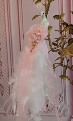 Shabby Cottage Victorian Chic White Peacock Pink Rose Jeweled Christmas Ornament - Image 1 of 4
