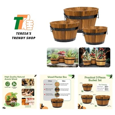 Набор из 3 деревянных цветочных коробок для улицы, прочные акациевые деревянные бочки для... - Изображение 1 из 4