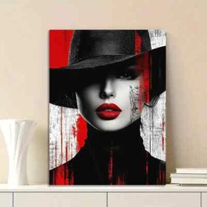 Chic Woman with Black Hat and Red Lipstick Painting Metal Print Ready to Hang - Picture 1 of 7
