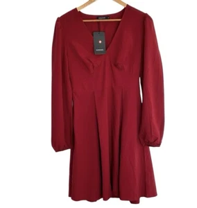 Kojooin Women’s Dress Medium Red Long Sleeve Mini V Neck Side Zipper NWT - Picture 1 of 9