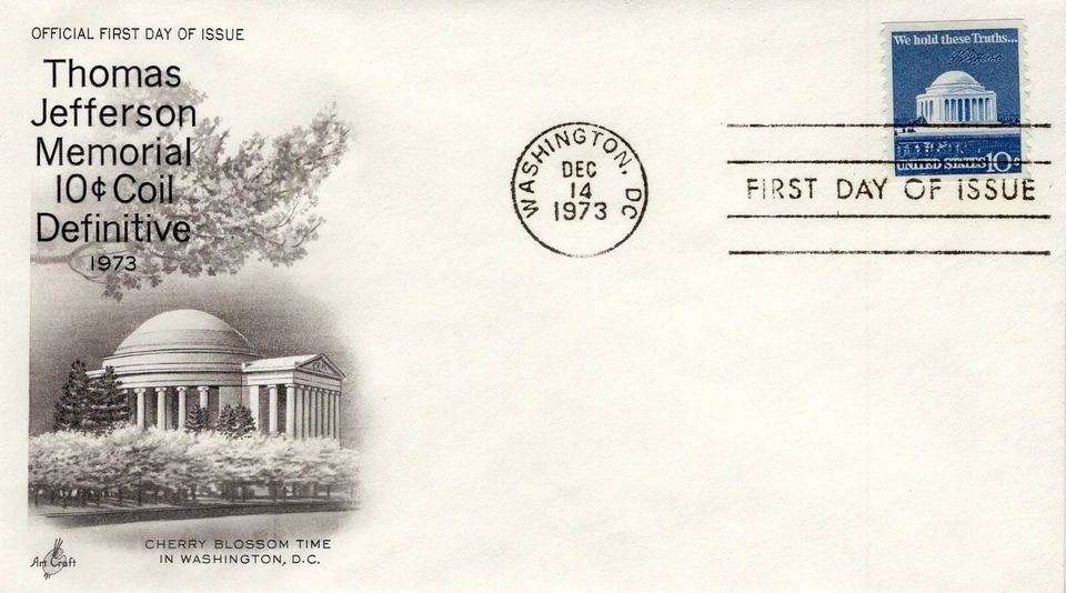 USPS FDC #1520 1973 10¢ Jefferson Memorial Coil Stamp Artcraft ST2024 - Image 1 of 1