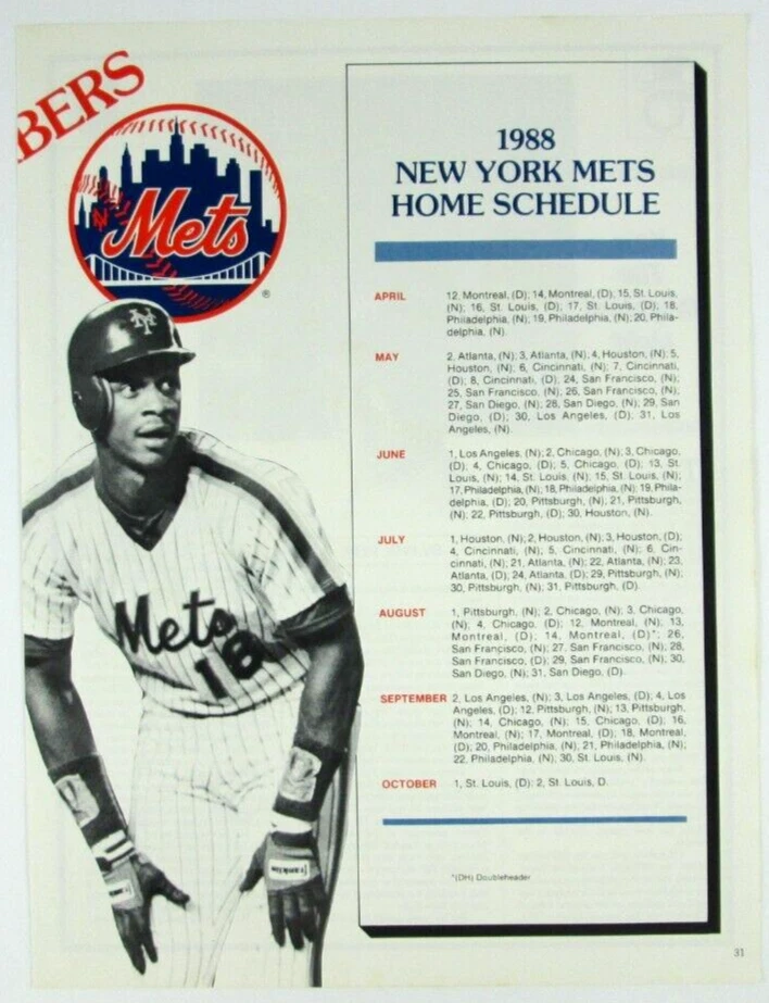 1988 New York Mets Baseball Home Schedule Darryl Print Page - Image 1 of 1
