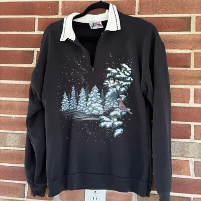 Morning Sun Black Christmas Winter Snow Tree 1/4 Zip Sweatshirt *read* A3193 - Image 1 of 4