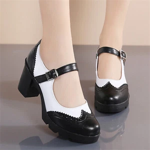 Women's Leather Classic Platform Block Heel Mary Jane Round Toe Oxfords Shoes - Picture 1 of 19