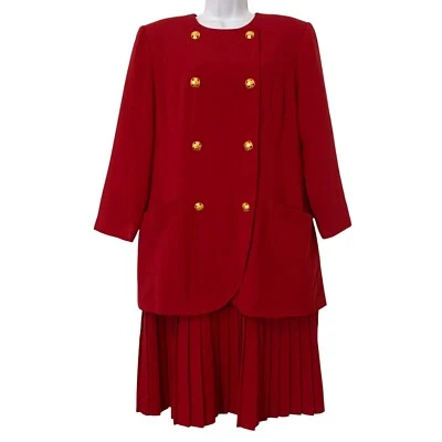VTG Kasper For A.S.L. Red Double-Breasted Pleated Skirt Suit Gold Buttons SZ 14 - Image 1 of 4