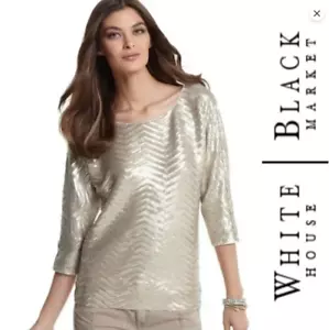 WHITE HOUSE/BLACK MARKET-STRETCH FIT-SILVER/GOLD SEQUIN TOP-DOLMAN SLVS-XS-NWT - Picture 1 of 6