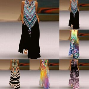 Stunning Women's Retro Floral Print Sleeveless Long Maxi Dress for Plus Size