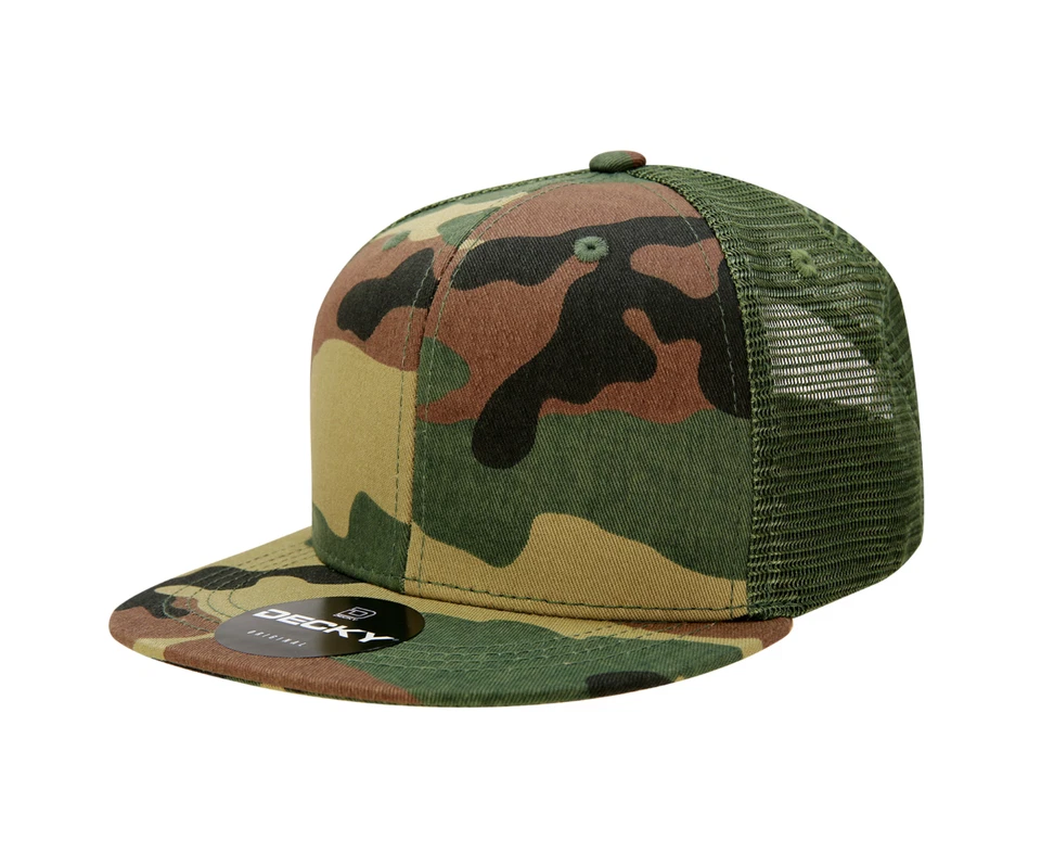 Gorra de camionero Flat Bill Snapback - Gorra de béisbol de malla lisa en blanco liso (cubierta) Foto 1 de 4