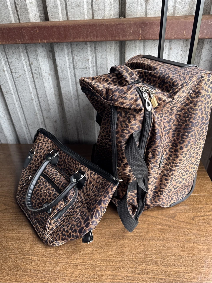 American Flyer Travel Carry On Rolling Bag Animal Print Other Matching Purse - Image 1 of 4