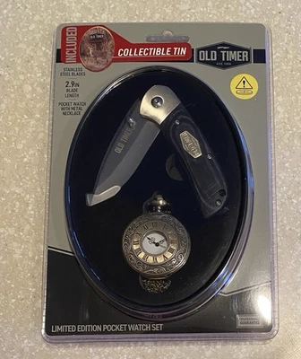 Cuchillo de Bolsillo Antiguo Temporizador y Reloj de Bolsillo con Juego de Collar - Lata Coleccionable con Buck Foto 1 de 4