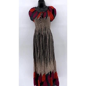 Markenlos Damen Maxikleid braun-rot bedruckt gesmokt Puff Kurzarm Gr. M - Bild 1 von 9