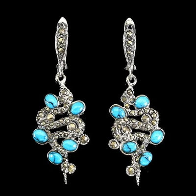 Pendientes de plata de ley 925 ovalados turquesa estabilizada marcasita cobra piedras preciosas Foto 1 de 4