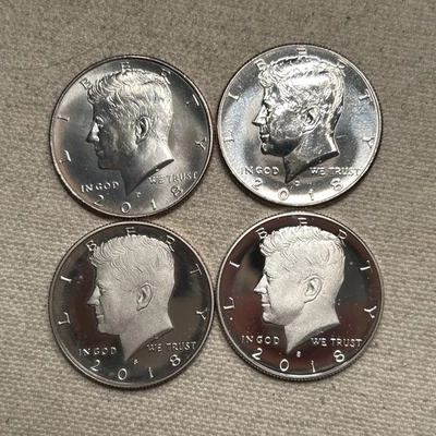 Lote de 4 monedas 2018 P D S Kennedy medio dólar año plata y revestido prueba y BU US Foto 1 de 2