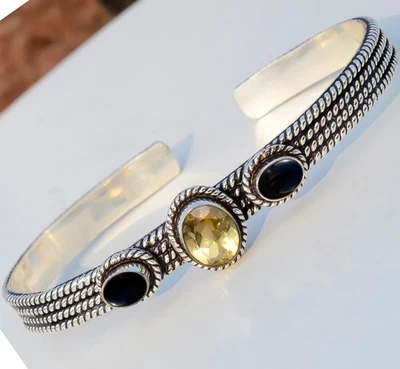 Braccialetto in argento sterling 925 con pietre preziose taglio onice nero... - Immagine 1 di 4