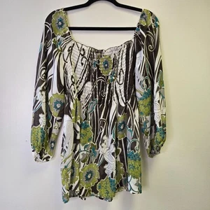 Women's Sheer Green Brown Hippy Floral Print Peasant Top M 3/4 Sleeve Boho Style - Picture 1 of 10