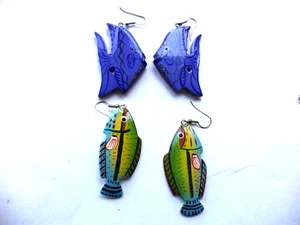 2 PAIR RESIN ANGLE AND STRIPED BASS FISH FASHION DANGLE DROP EARRINGS - Picture 1 of 1