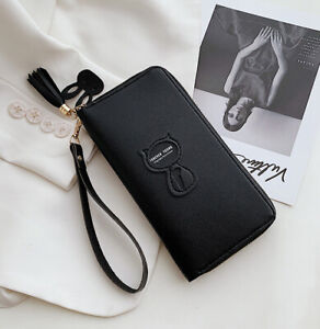 Black Cat Christmas Dress Real Leather Zip Around Wallet Wristlet minimalist wallet Travel Purse Wristlet 