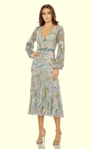 Mac Duggal Platinum Floral Sequin Long Sleeve A-Line Cocktail Dress Size 16 $598 - Picture 1 of 3