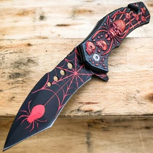 8.5" Military Tactical Spider Skull Spring Open Assisted RED Pocket Knife - Picture 1 of 2