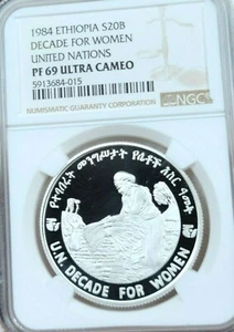 1984 ETHIOPIA SILVER 20 BIRR DECADE FOR WOMEN NGC PF 69 ULTRA CAMEO TOP POP !!! - Picture 1 of 4