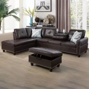 Brown Faux Leather Synthetic Leather 3-Piece Sofa Set with Cupholder Living Room - Picture 1 of 21