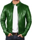 Men's Jacket In Genuine Sheepskin Green Leather Biker Motorcycle Café Racer Coat
