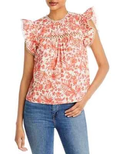 AQUA Lace Inset Flutter Sleeve Top Women's X-small White Button Keyhole Back NWT - Picture 1 of 8