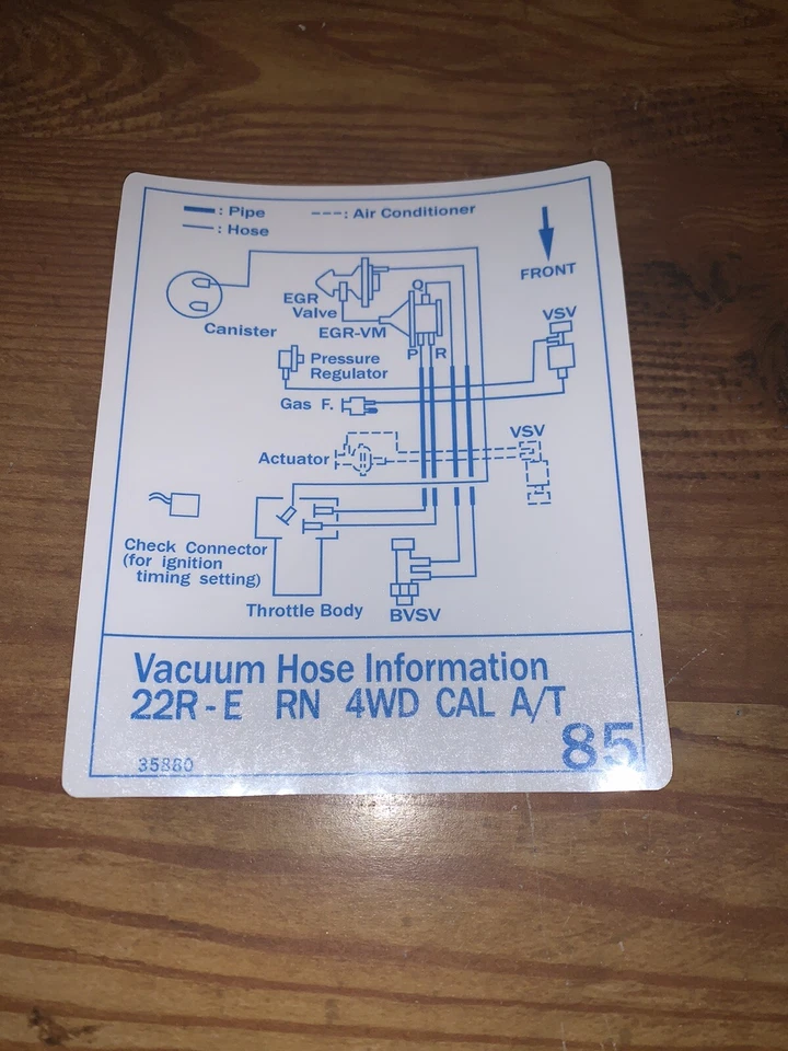 Toyota 1987 camioneta pickup/4runner diagrama de vacío calcomanía repro 22re #85 aire acondicionado 4x4 cal Foto 1 de 1