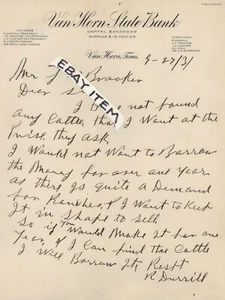 1931 R DuriLL VAN HORN TEXAS STATE BANK Provine Hunter NeiLL McGregor LETTERHEAD - Picture 1 of 1