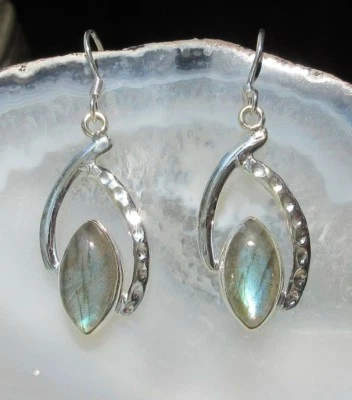 🐍 Ohrring spitz-oval mit Labradorit Stein des Löwe Sterling Silber 925 - Bild 1 von 3