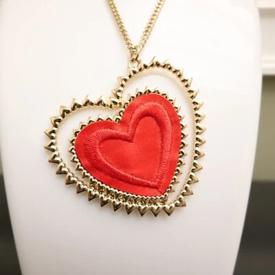 Thalia Sodi necklace red heart satin long goldtone chain signed adjustable - Image 1 of 4