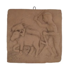 Vintage Terrakotta Ton Wandbild Fliese Erhöhtes Relief Handarbeit Ochse Unikat Dekor  - Bild 1 von 4