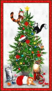 Meowy Christmas Fabric Panel Windham 24x44" Wide Cotton - Picture 1 of 6