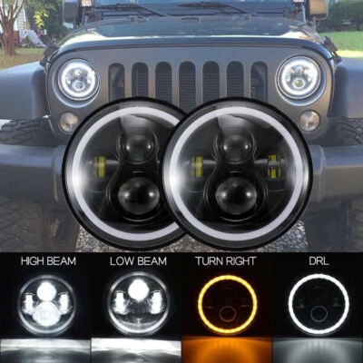 Pair 7'' Inch Round LED Headlights Angle Eye For Jeep Wrangler JK TJ CJ LJ - Image 1 of 4