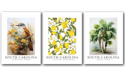 South Carolina State Bird, Tree, and Flower, Set of 3 Poster Prints, Home Décor - Image 1 of 4