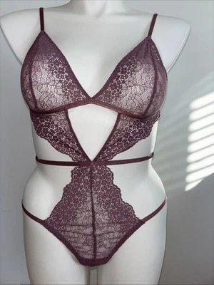 Victoria’s Secret NWT Lace Cutout Strappy Teddy Bodysuit Wine S/P NEW Sexy - Image 1 of 4