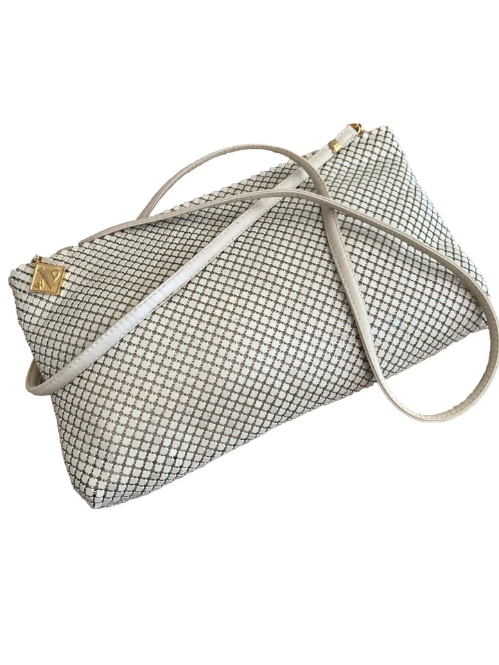 Antigo. Whiting & Davis Bolsa de Metal Malha Creme Pulseira de Couro Charme Anos 80 Discoteca Evento - Imagem 1 de 4