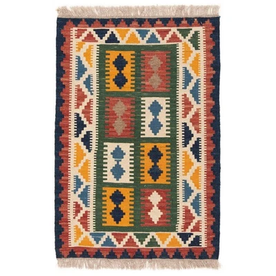 Alfombra persa tejida a mano Kelim 90x62 CM alfombra de lana Kilim verde oriental Foto 1 de 3