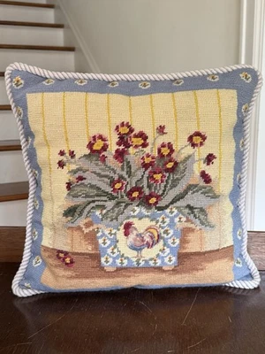 Wool Needlepoint Petit Point Throw Pillow Flower Basket Planter Rooster Vintage - Image 1 of 4