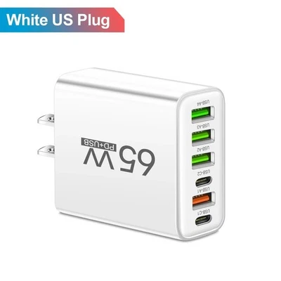 Carregador rápido USB 65W adaptador de carregamento rápido 6 portas para iPhone Samsung Xiaomi - Imagem 1 de 4