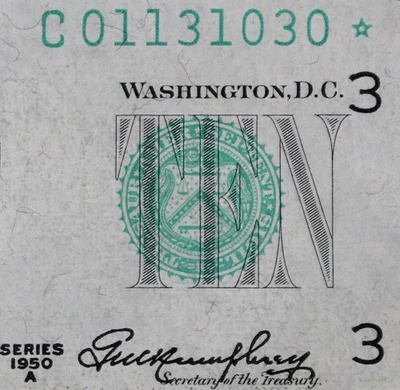 $10 1950A Star AU Federal Reserve Note C01131030* series A, ten dollar, Phila. - Image 1 of 3