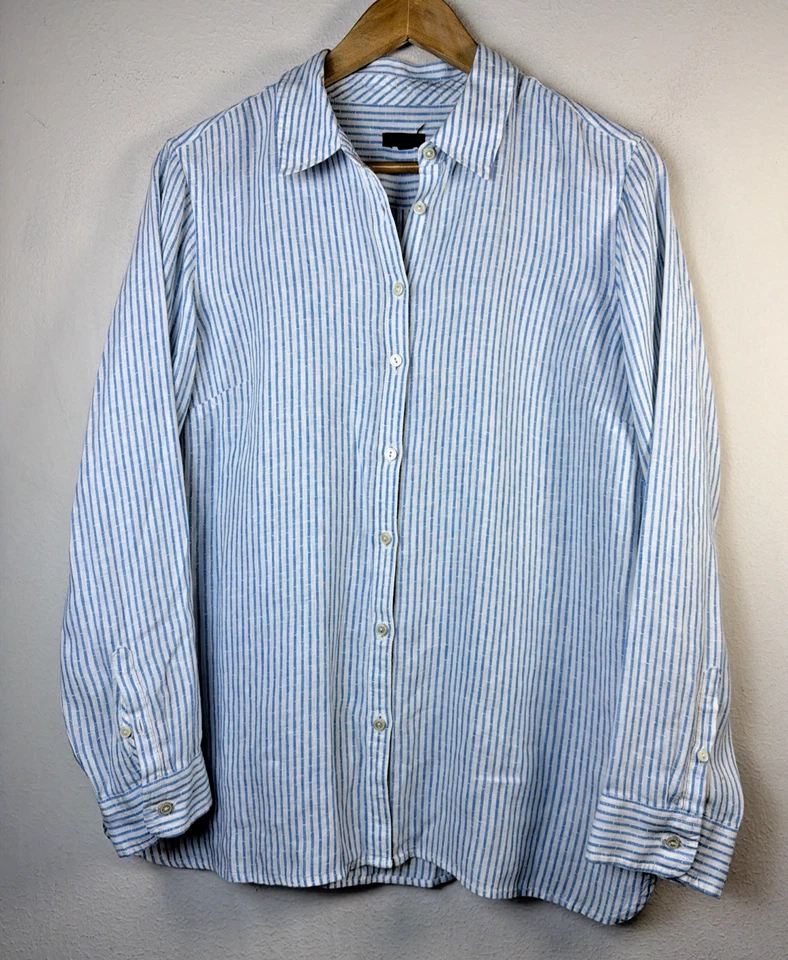 Talbots womens large petite Shirt Blue 100% Linen Striped Nautical Beach relaxed - Image 1 of 4