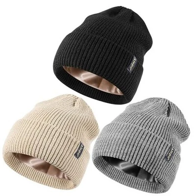 Paquete de 3 gorros forrados de satén para mujer y hombre, forrados de seda negro + beige + gris claro Foto 1 de 4