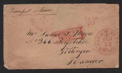 US TO GERMANY "30 CENTS PAID" 1856 N.Y. #27 MAIL FEB. 12 C-31 RED 7 CENT - Image 1 of 2